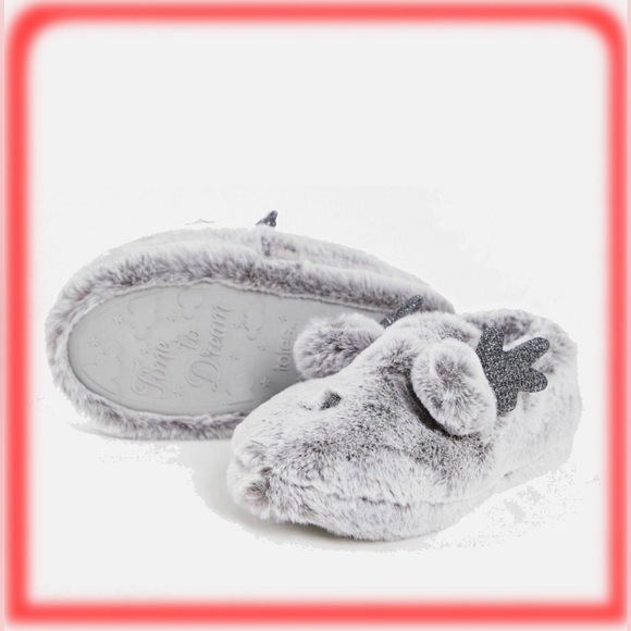 Totes fluffy Christmas reindeer slippers in gray - Picture 2 of 4